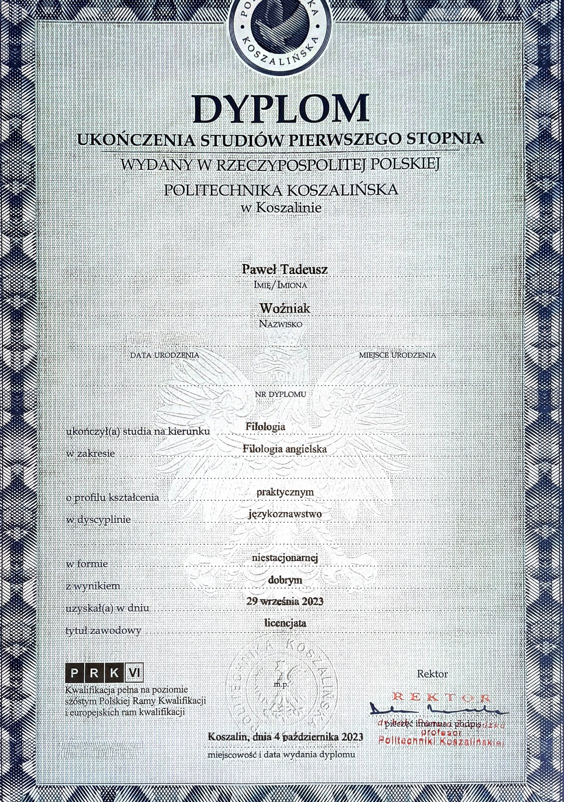 Dyplom ukończenia studiów - Filologia Angielska, Politechnika Koszalińska